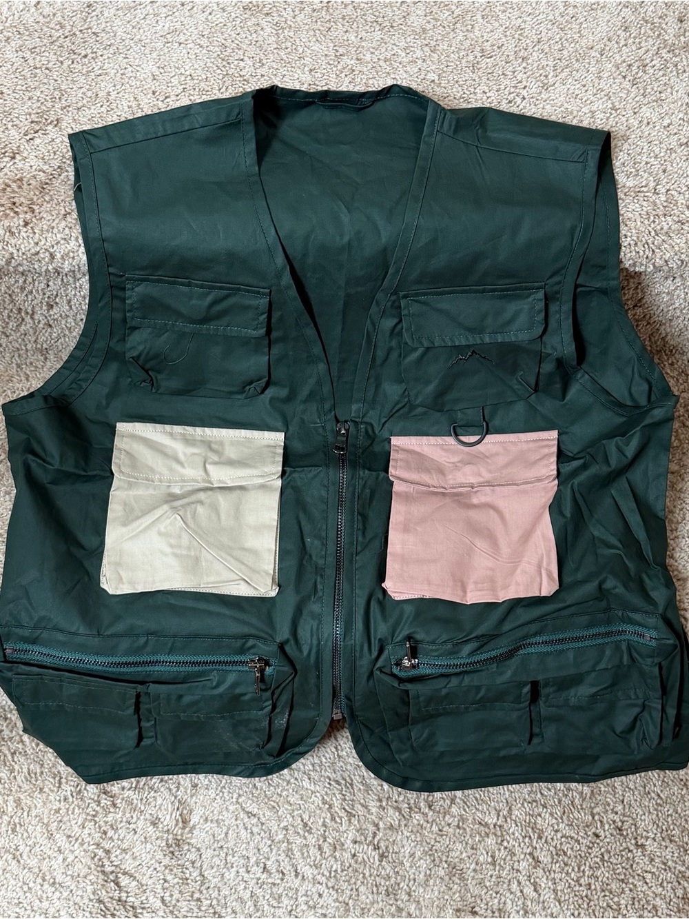 Men's Dark Green Utility Vest with Contrast Beige and Pink Pockets